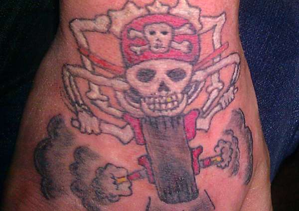 Sailor Jerry skeleton on motorcycle, Tricks Tattoo tattoo