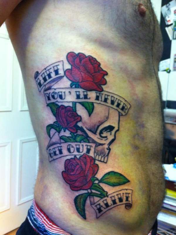 Skull, Roses & Scroll tattoo