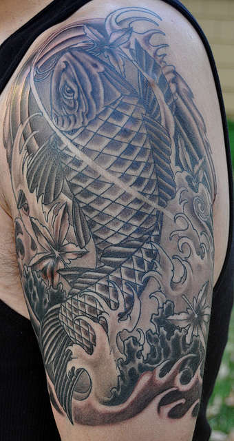 black gray koi maple leaf tattoo tattoo