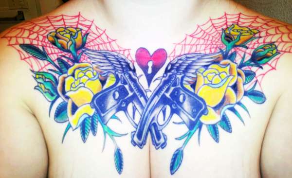 Chest Piece with a flash on camera tattoo