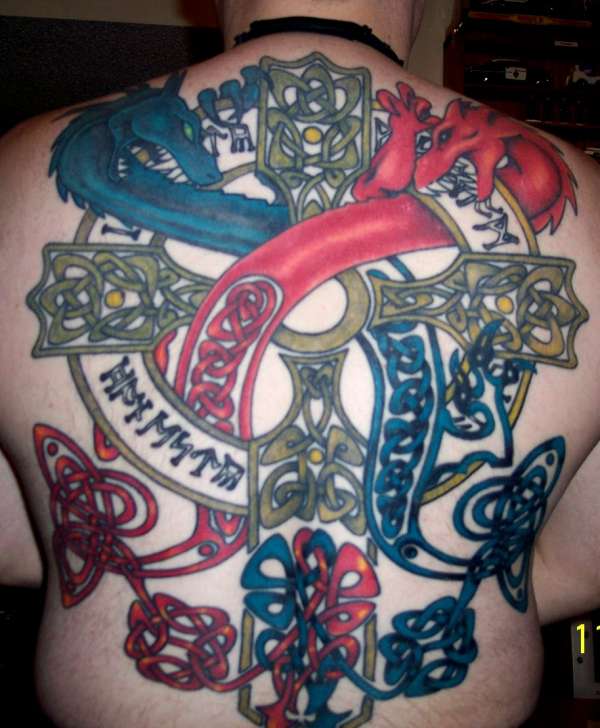 Celtic Cross and Dragons tattoo