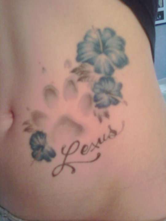 My 1st Tattoo, Dog paw print with her name and flowers