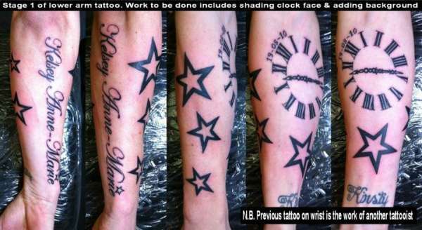 Stars, Clock & Lettering tattoo