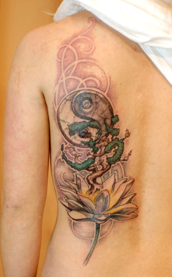 Lotus, Bonsai tree, yin yang, Ohm tattoo