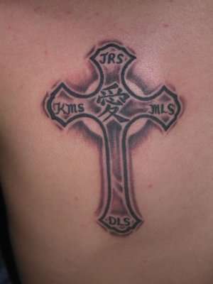 Cross with Family Initials and Symbol meaning "Love" tattoo