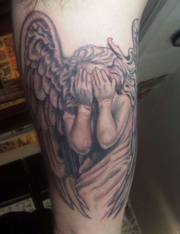 religious angel tattoo black and grey tattoo