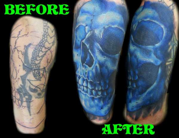 Blue Skull Cover-up by Jackie Rabbit tattoo