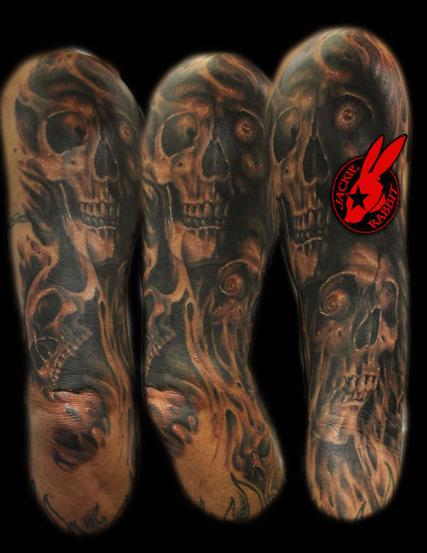 Skull Half-Sleeve by Jackie Rabbit tattoo