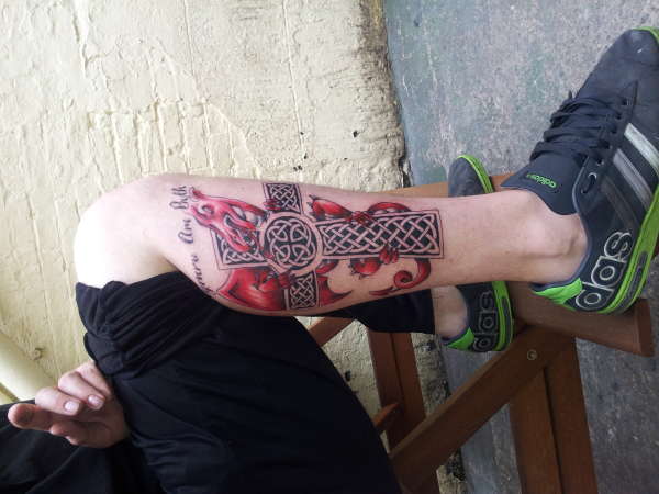 Welsh Dragon with Celtic Cross tattoo