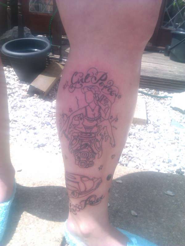 start of classic car half leg tattoo