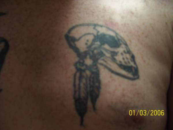 skull wtih feathers tattoo
