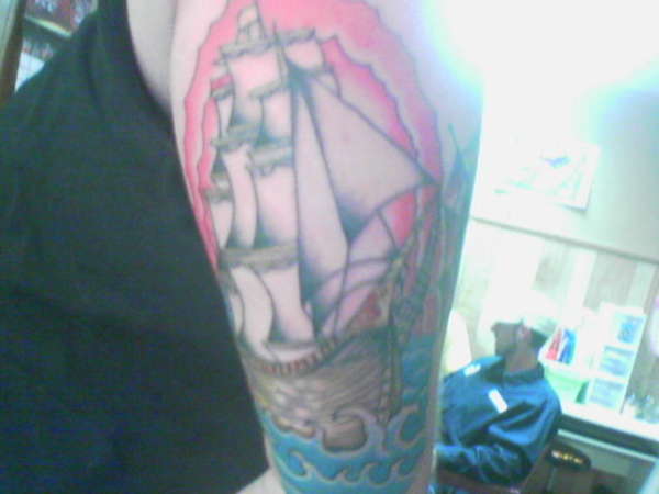 Pirate Ship on the backside of arm. tattoo