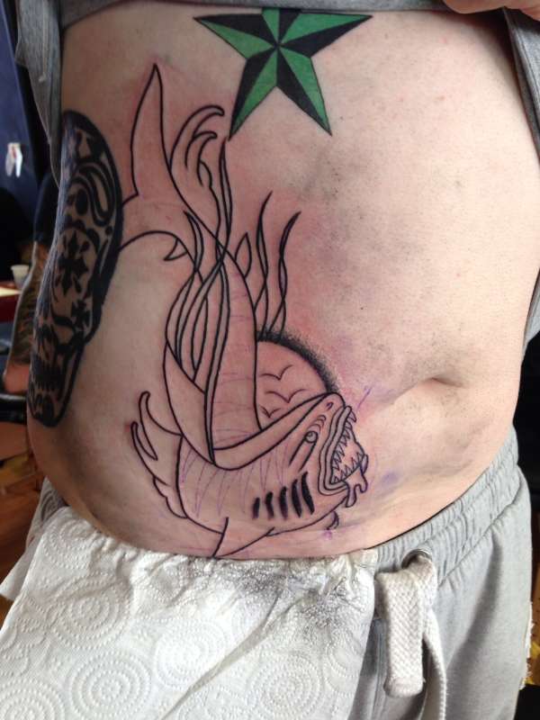 Shark on stomach trad tattoo