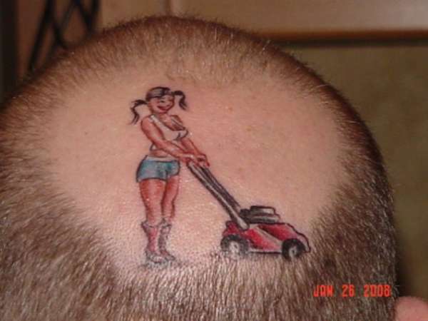 girl & lawnmower on head tattoo