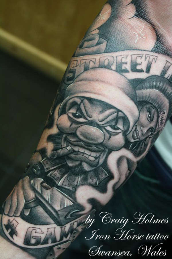 Boog gangster tattoo sleeve by Craig Holmes tattoo