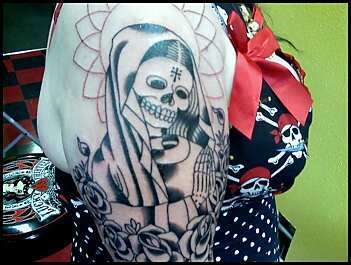 Virgin Mary Sugar Skull Outline (right arm sleeve) tattoo