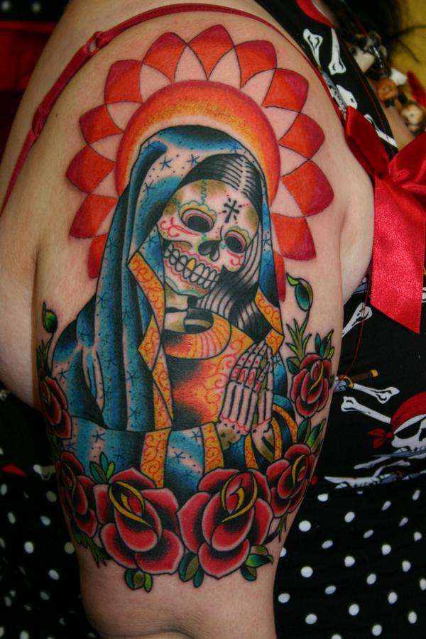 Virgin Mary Sugar Skull  (right arm sleeve) tattoo