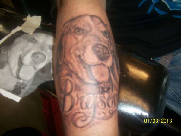 dog portrait with name script tattoo
