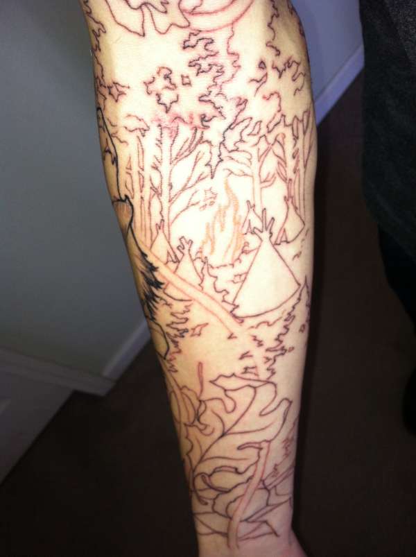 tepee scene on wildlife sleeve tattoo
