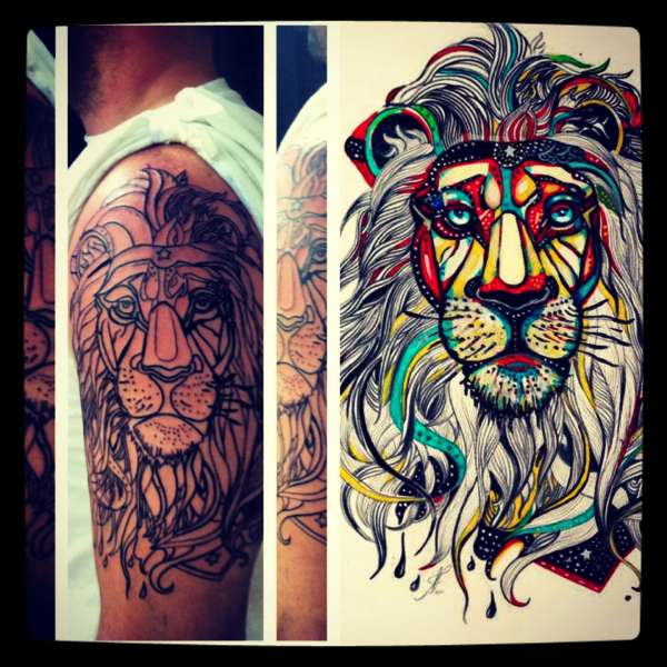 Hippie lion in progress tattoo