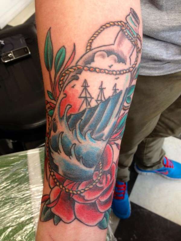 Bottle Ship n' Flowers tattoo