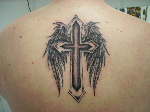 Cross and Angel Wings tattoo