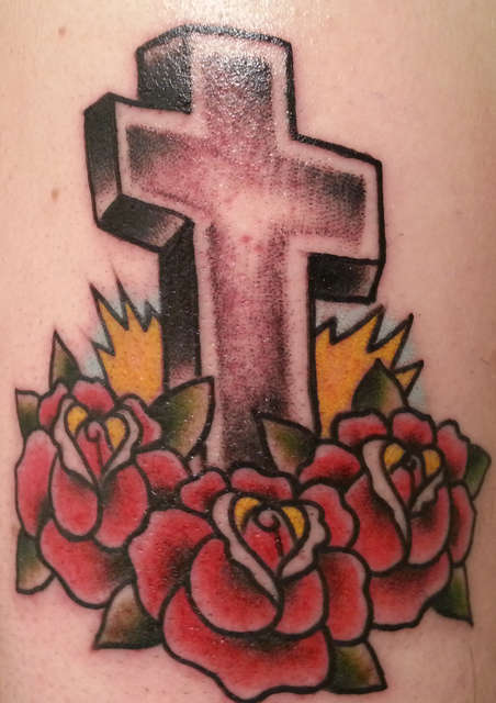 American Traditional Cross and Roses tattoo