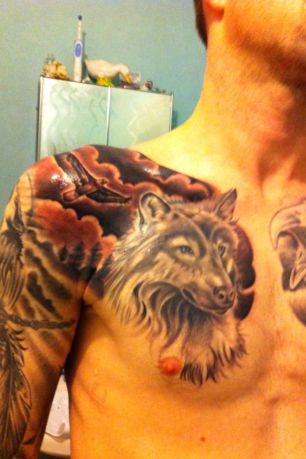 Finished wolf on chest tattoo