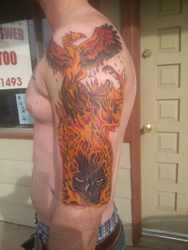 partial fire half sleeve tattoo
