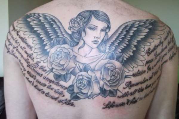 Angel, roses, poem tattoo
