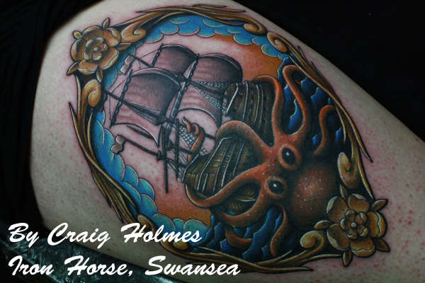 Octopus pulling down ship traditional tattoo by Craig Holmes tattoo