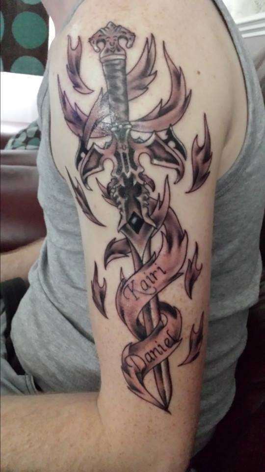 Sword&flame scroll tattoo