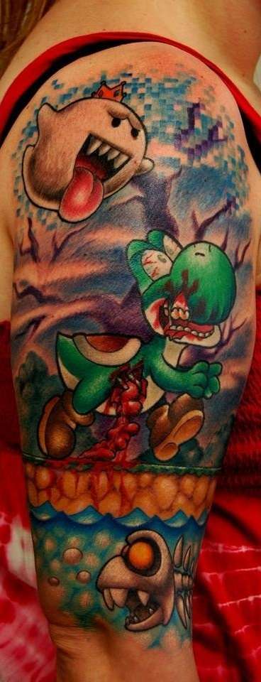 Zombie Yoshi, King Boo, Dry Bones Fish half sleeve tattoo
