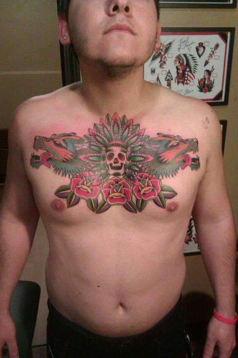 1st tattoo, traditional chest piece tattoo