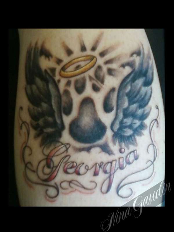 Dog paw print swirls religious halo angel wings Georgia tattoo tattoo