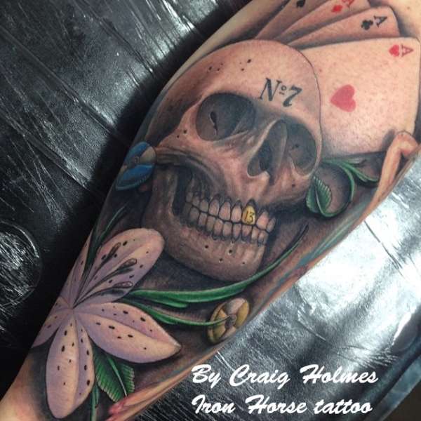 Skull, Flowers, Poker sleeve tattoo by Craig Holmes tattoo