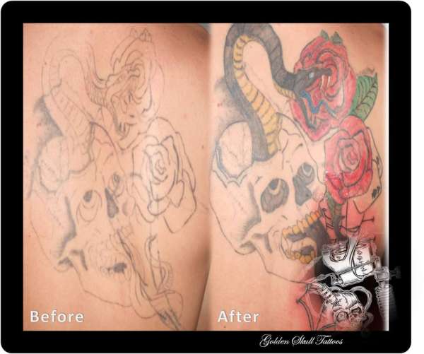 snake,skull,roses,blackjack and spiderweb tattoo