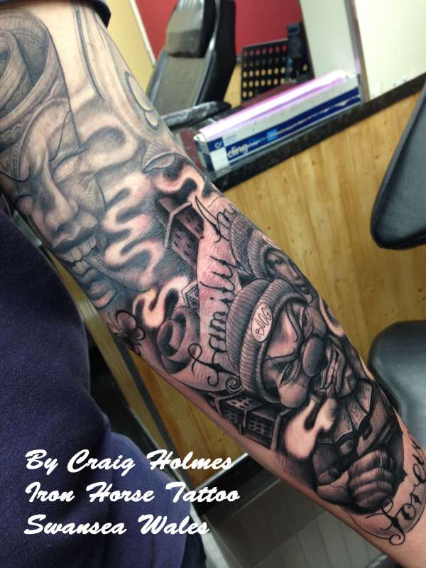 Boog Gangster style sleeve tattoo by Craig Holmes tattoo