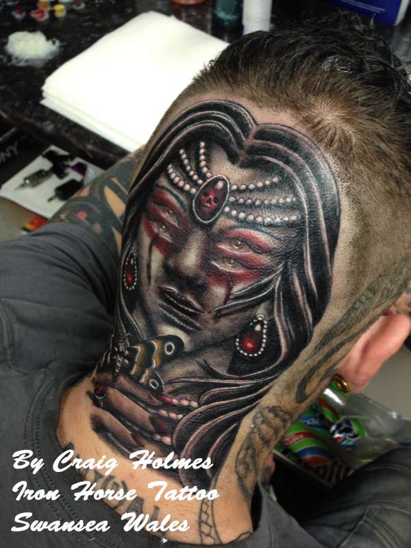 Gypsy woman on the head tattoo by Craig Holmes tattoo
