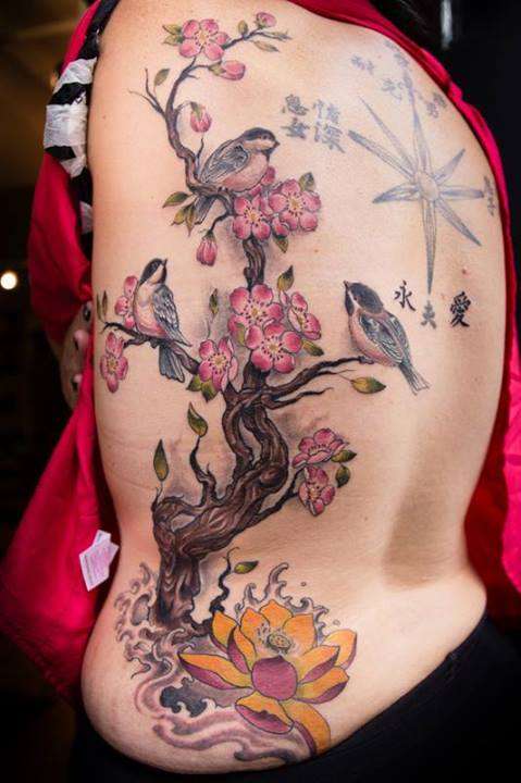Lotus, Cherry Blossoms, and Chickadees. tattoo
