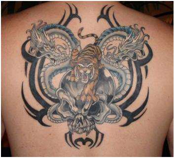 2 dragons, tiger, & skull tattoo