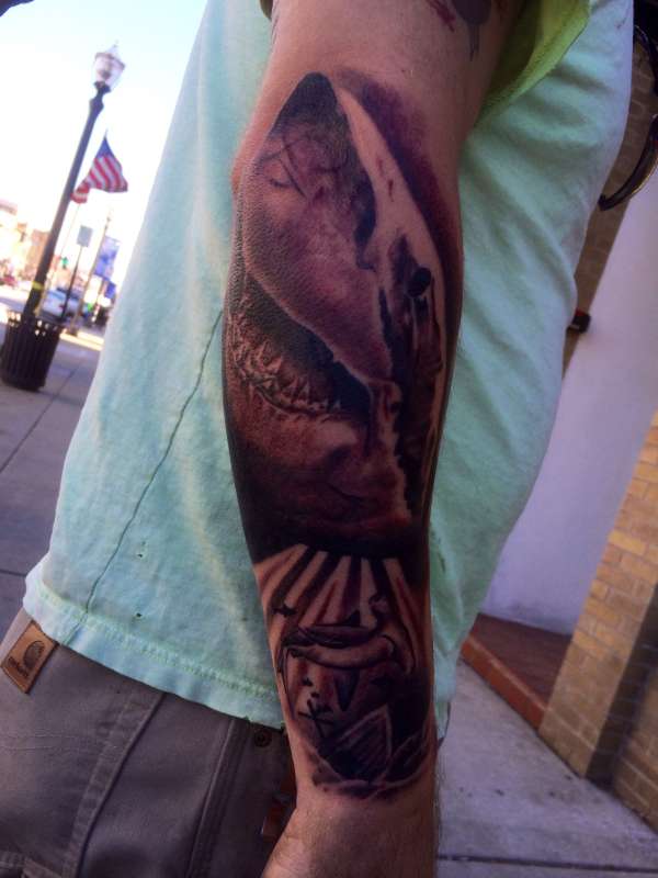 Great white arm piece tattoo