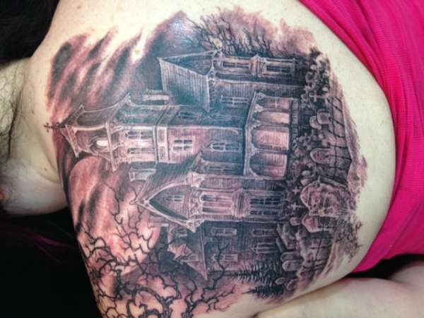 My first Tattoo - Gothic Haunted Mansion tattoo