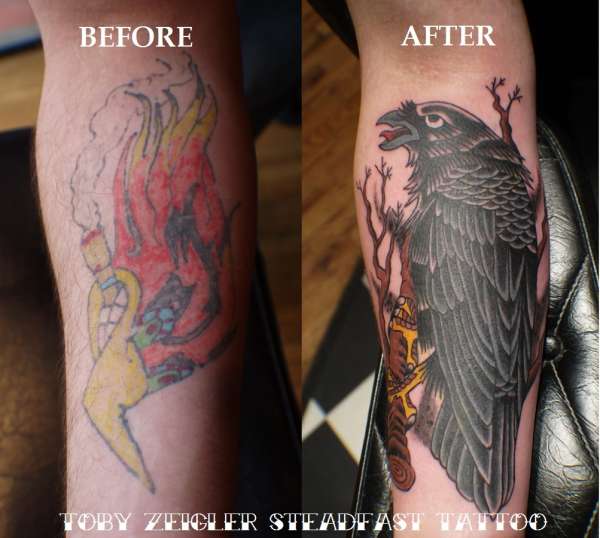 Raven cover-up tattoo