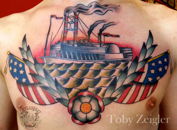 Steamboat chest piece tattoo