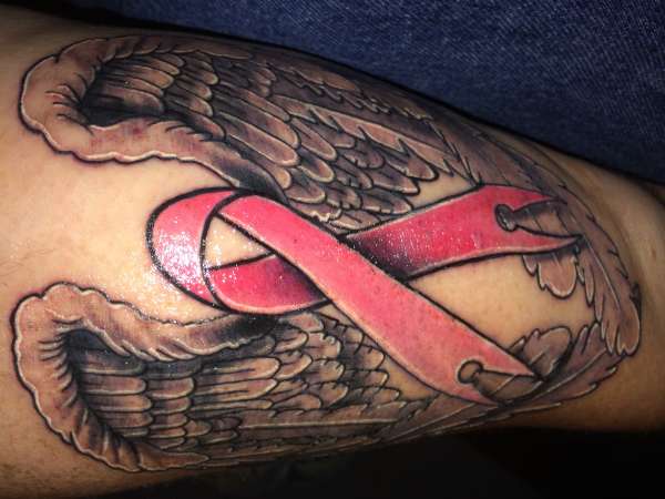 Breast cancer ribbon / angel wings tattoo