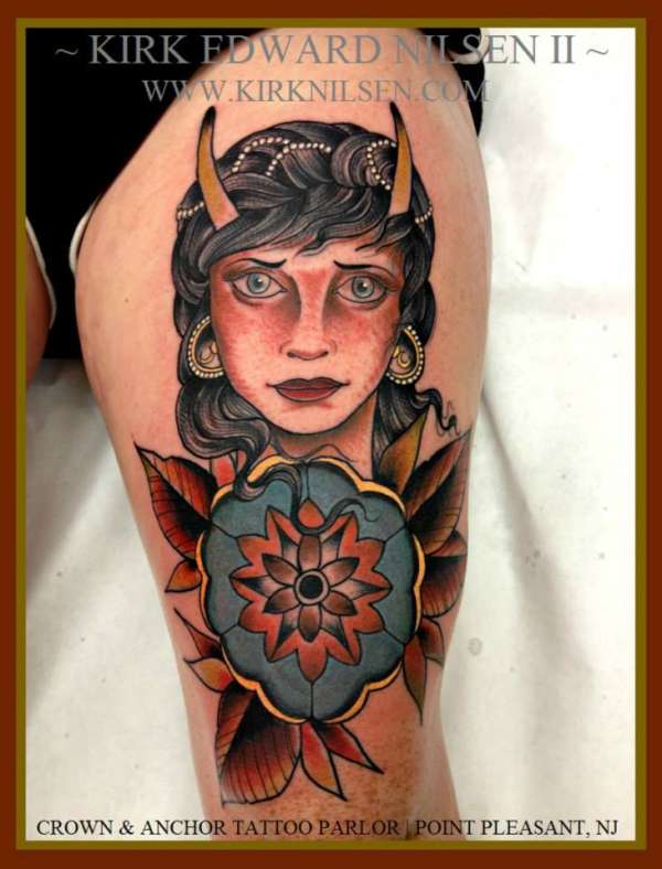 Custom devil girl tattoo by Kirk Nilsen | New Jersey tattoo