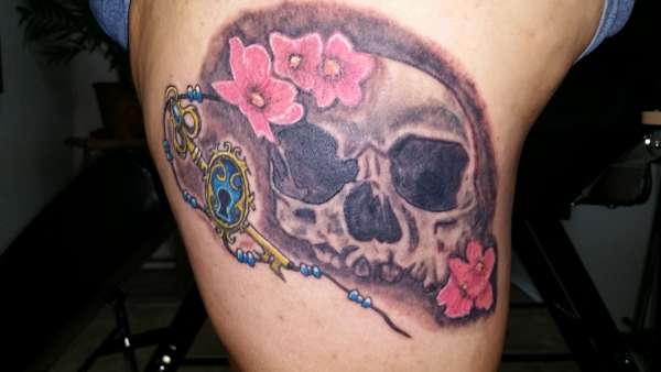 CustomSkull and Cherry blossoms tattoo