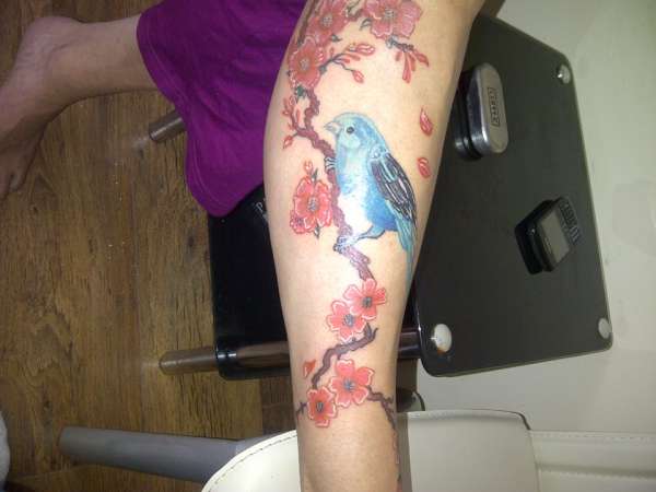 bottom leg cherry blossom & bird tattoo