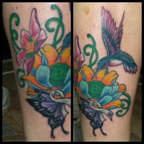 hummingbird flowers and cancer ribbon tattoo